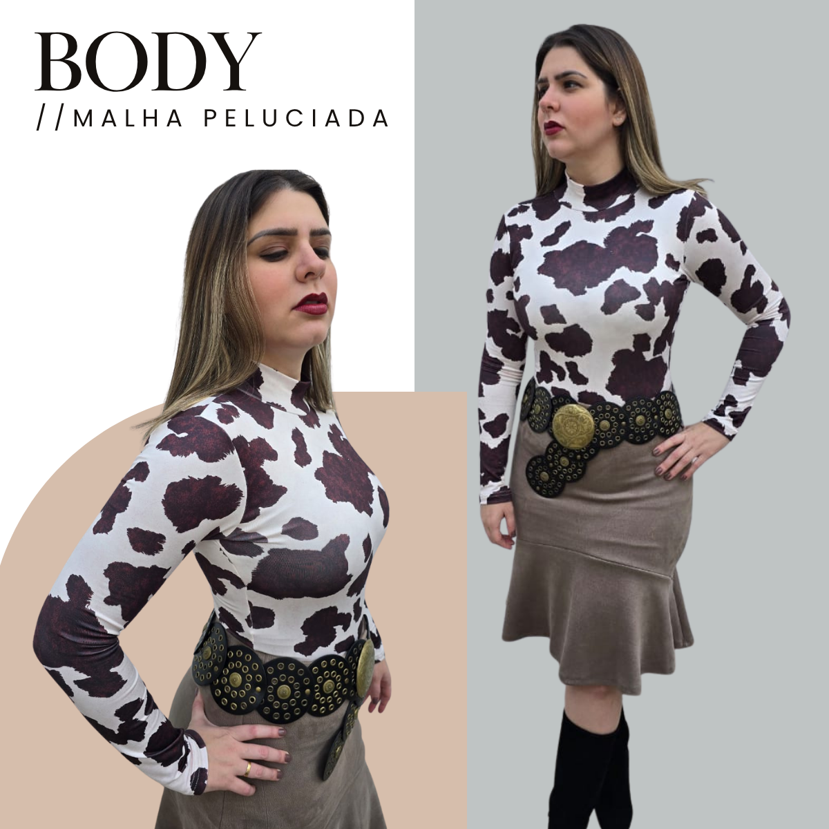 Body Gola Alta Manga Longa Malha Peluciada Estampa Animal Print de Vaquinha (Body Lola)
